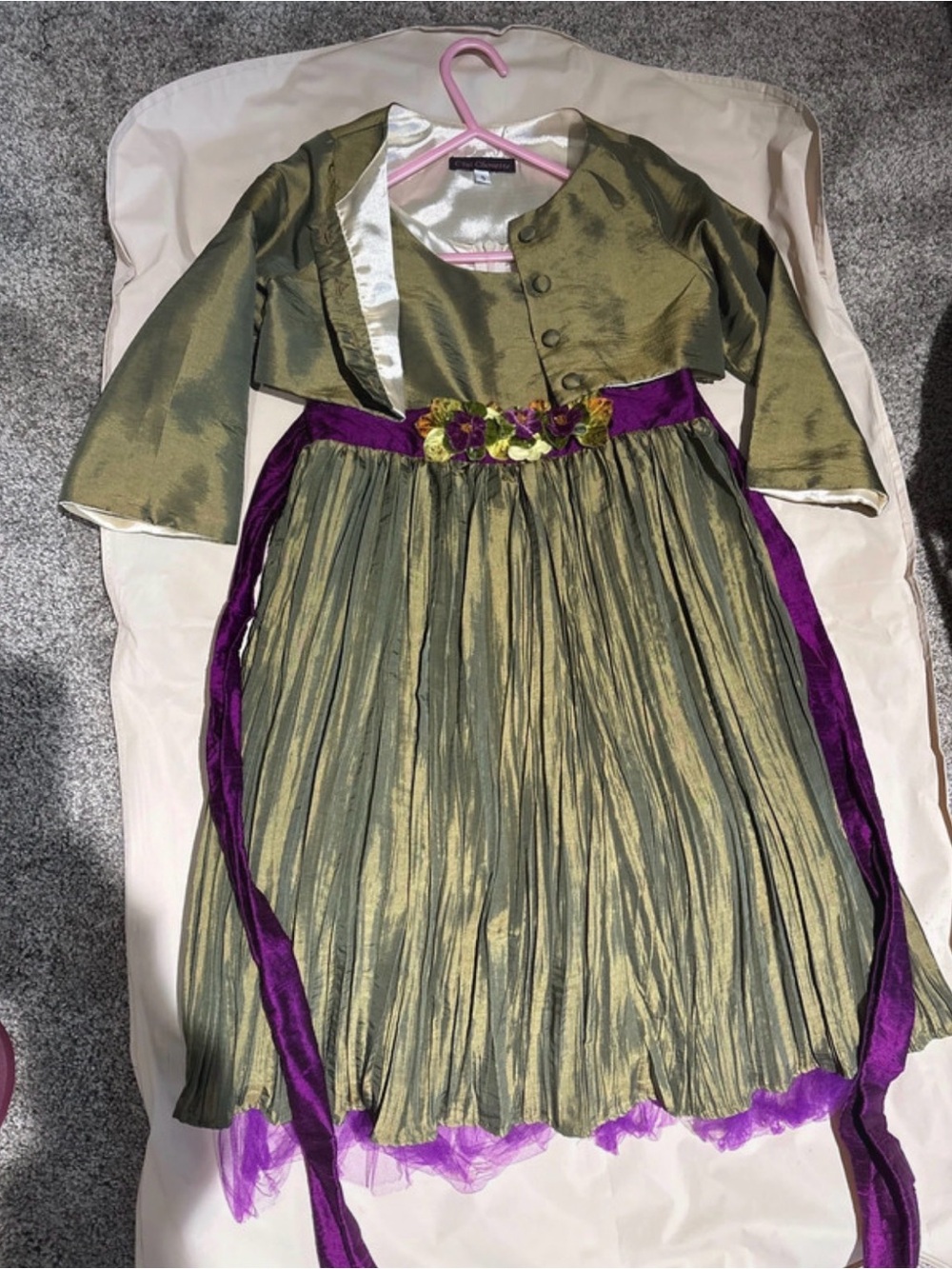 Girls Olive and Purple Floral Sash Dress
